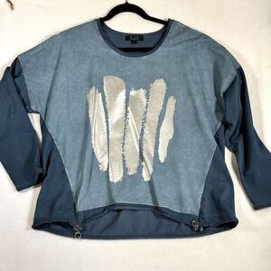 AZI Soft Blue Sweatshirt With Silver Brushstroke And Zippers